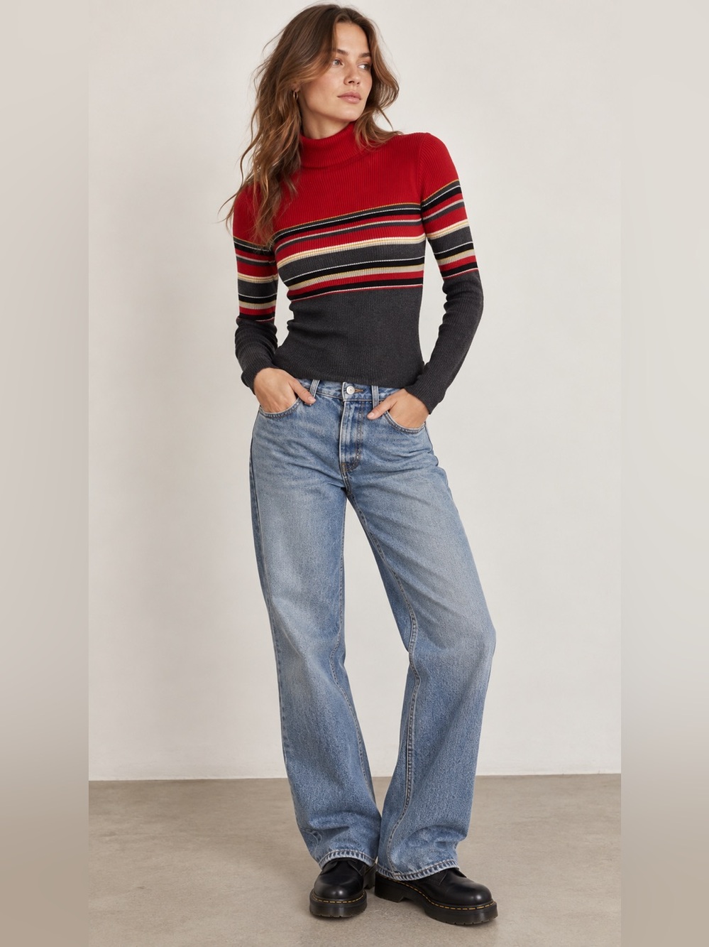 Vintage Cacharel Red Charcoal Striped Mock Neck 90s fitted Sweater